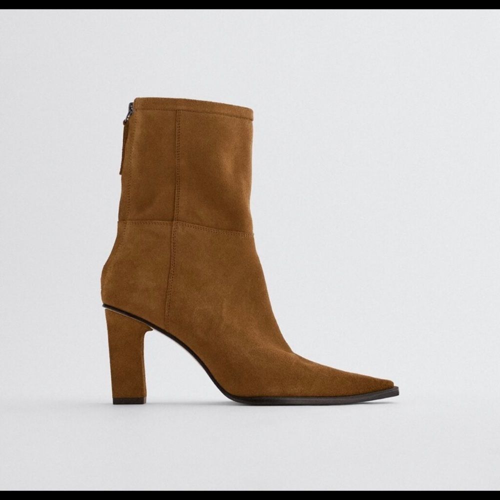 ZARA WOMAN SPLIT SUEDE REAL LEATHER MID-HEEL ANKLE BOOTS BROWN SIZE 7.5
